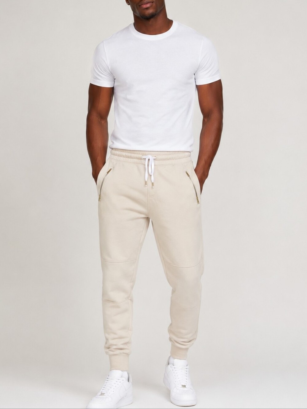 H&M Divided Men's Light Beige Drawstring Joggers Large Zip Pockets